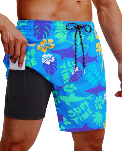 Image of Gleeease 7inch Mens Swim Trunks 2 in 1 with Compression Liner Pockets Drawstring Quick Dry Stretch Lined Funny Beach Pool
