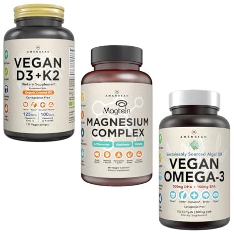 AMANDEAN Premium Magnesium Complex, Vegan Omega 3, Vegan D3+K2 Bundle. Plant-Based Immune Support. Algae DHA & EPA. Quality Sleep, Focus & Mood. Support Healthy Heart, Brain, Joints & Eyes Cover
