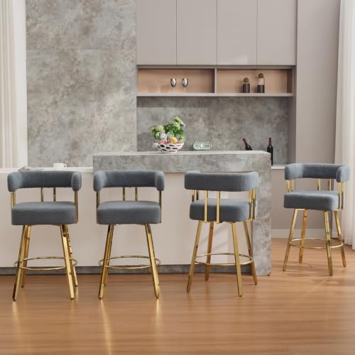 Image of YITAI 27 inch H Counter Height Bar Chairs Set of 2, Modern Barrel Counter Bar Stools with Backrest and Arms, Gold Metal Legs, Teddy Velvet Upholstered Accent Barstools for Kitchen Island, Gray