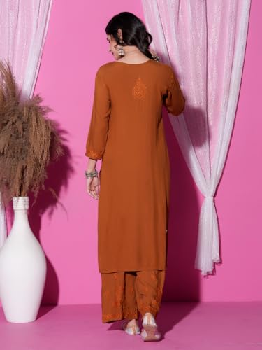 Image of Fashion Chikan Art Women's Lucknowi Premium Chanderi Silk Hand-Embroidered Chikankari Kurti & Palazzo Set | Elegant Festive & Casual Wear Ethnic Suit