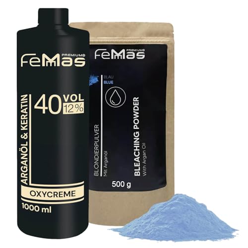 FeMmas Blondier-Set 12% I Blaues Blondierpulver 500g & Oxycreme Entwickler 1000 ml I Perfektes Starterset für die Aufhellung zuhause I Für eine Blondierung um bis zu 9 Tonstufen in Salon-Qualität