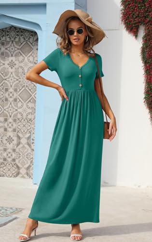 Image of GRECERELLE Womens Summer Long Maxi Dresses 2026 Short Sleeve V Neck Casual Button Dress with Pockets