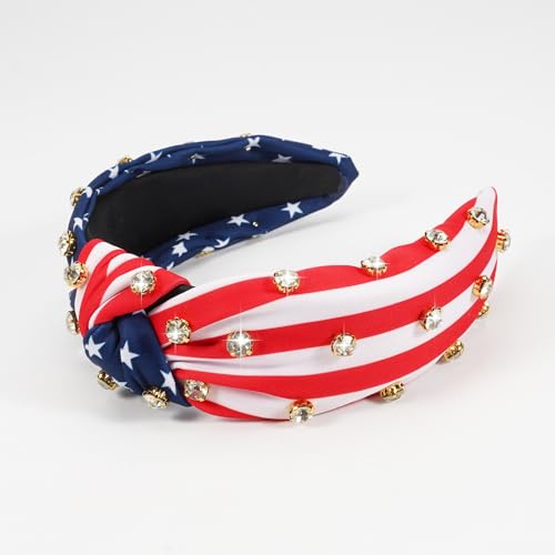 Jocbean Patriotic Rhinestone Headband American Flag Red White Blue Knotted Hair Accessory 4th of July Hairband