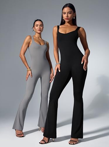 Vilanva VIL813-BLACK-M Jumpsuits For Women Tummy Control Black One Piece Outfit Stretch Flare Leggings Romper M thumb #5