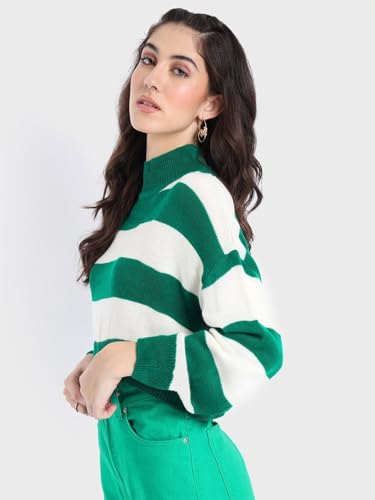 Image of Bewakoof Women's Striped Oversized Fit Full Sleeve Round Neck Acrylic Sweater
