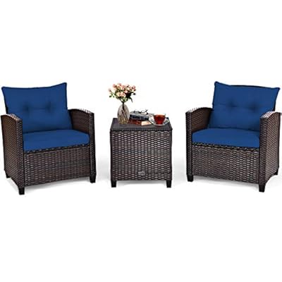 Tangkula 3 Pieces Patio Furniture Set, PE Rattan Wicker 3 Pcs Outdoor Sofa Set w/Washable Cushion and Tempered Glass Tabletop, Conversation Furniture for Garden Poolside Balcony (Blue)