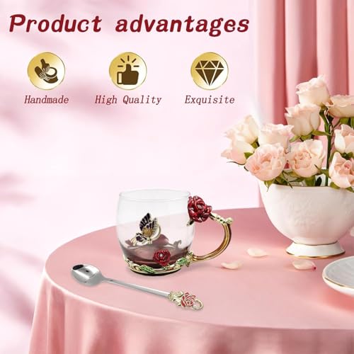 Image of 1PCS Enamels Butterfly Flower Tea Cup, Glass Coffee Mugs with Spoon, Gifts for Birthday Valentines Mothers Day Graduation Christmas, Presents for Women Wife Mom Girls Teacher Friends, 350 ml