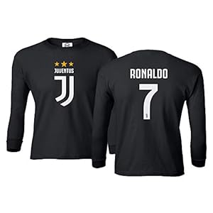 Spark Apparel Soccer Shirt #7 Cristiano Ronaldo Juve CR7 Boys Girls Youth Long Sleeve T-Shirt (Black, Youth Medium)