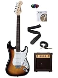 Fender Starcaster Strat Electric Guitar Bundle with Amplifier, Gig Bag, Strings, Strap, Stand, Picks, Instructional DVD, and Instrument Cable - 3-Tone Sunburst
