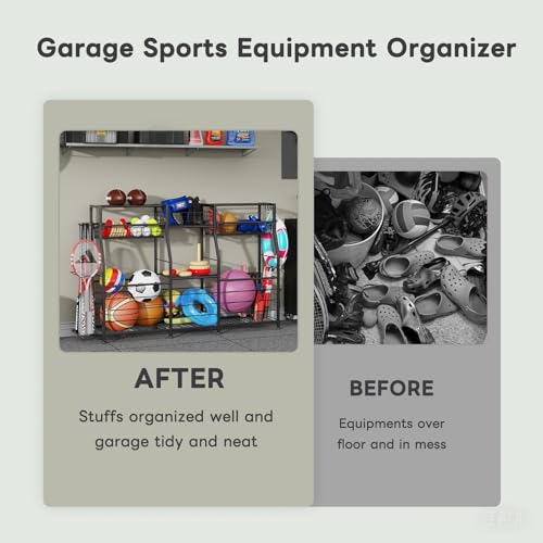 image for LUMAMU Small Garage Sports Equipment Organizer,Ball Storage Rack with 
