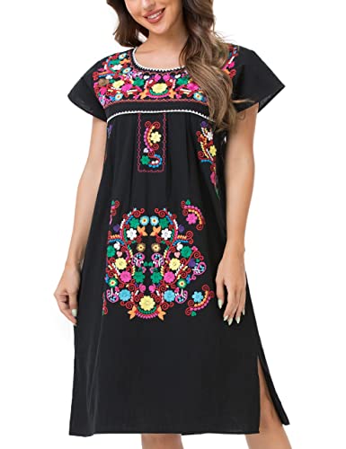 YZXDORWJ Women Mexican Embroidered Long Dress Ruffle Collar Maxi Boho Floral Summer Short Sleeve2
