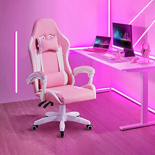 TUKAILAi Gaming Chair Pink White Ergonomic Racing Computer Desk Chair with Tilting Adjustment, Lumbar Support Cushion, Head Rest High Back Office Chair for Adult