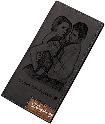 Personalized Mens Long Leather Wallet Custom Engraved photo wallet for Men fathers day gift(Black Single Side)