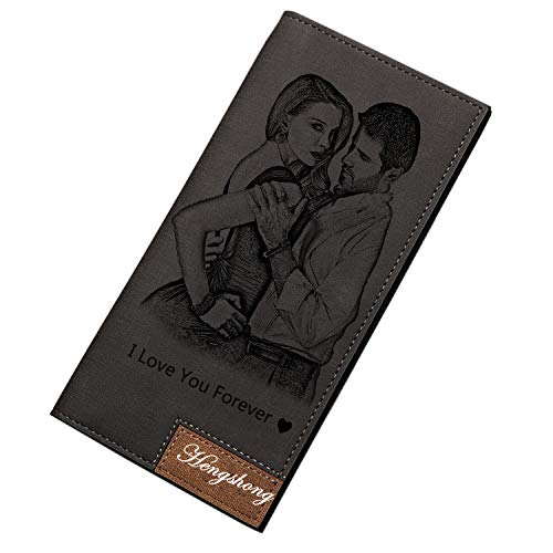Personalized Mens Long Leather Wallet Custom Engraved photo wallet for Men fathers day gift(Black Single Side)