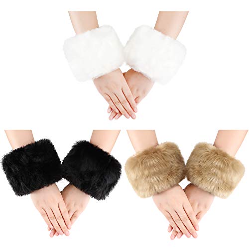 3 Pairs Women Winter Wrist Warmers Faux Fur Cuff Warmers Arm Leg Warmers for Women Costumes Gifts (White, Black, Camel)