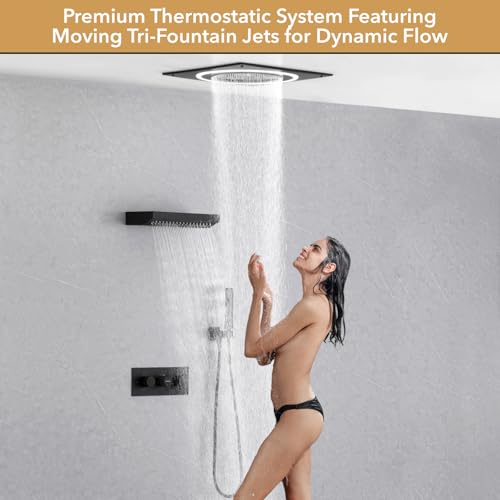 VANFOXLE Thermostatic Shower Faucet Set Matte Black Shower System, Shower Faucet with 2 in 1 Handheld, Ceiling Mount 19 Inch Dual Mode LED Shower Head+14 Inch Shoulder massager miniatura 6
