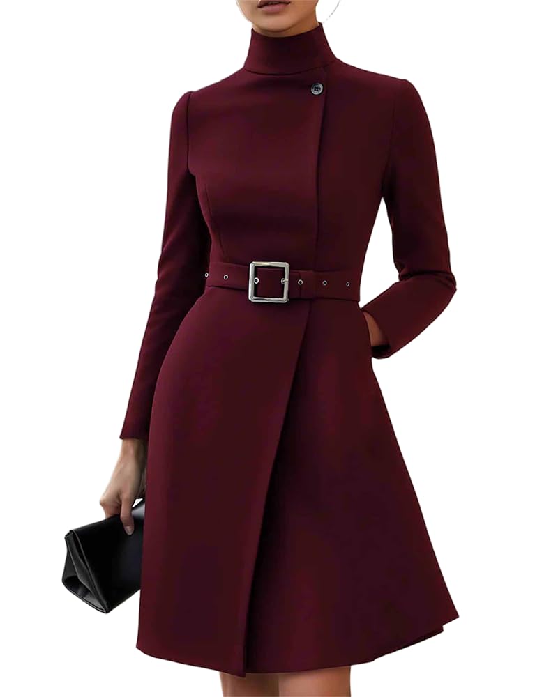 Womens Business Casual Long Sleeve Mock Neck Belted Dress with Pockets Fall Winter Work Office Outfits 2025