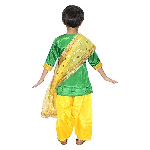 Image of Kaku Fancy Dresses Indian State Punjabi Folk Dance Costume For Kids /Salwar Suit With Dupatta For Girl Costume - Green & Yellow, 10-12 Years