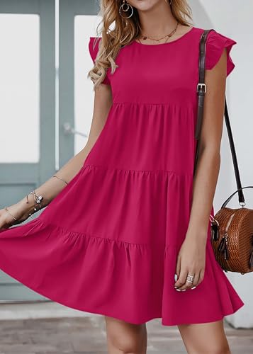 Image of KIRUNDO Summer Dresses for Women Sundress Sleeveless Ruffle Sleeve Round Neck Loose Short Flowy Pleated Mini Babydoll Dress