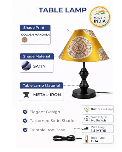 Image of tu casa Modern Table Lamp with Crimson Floral Satin Shade | Metal Iron Base Decorative lamp for Living Room| Home Decor, Designer Table Lamp for Gifting (Golden Mandala)