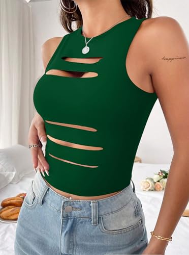 Image of LovelyWholesale Women Sexy Cut Out Crop Tank Tops Crew Neck Summer Sleeveless Top