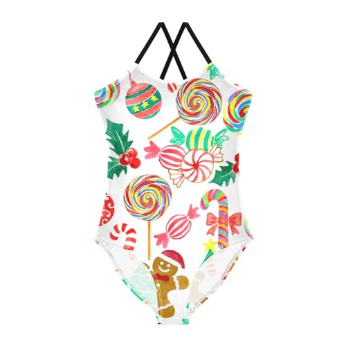 Aflyko Christmas Girls Halter Swimsuit Candy Cane Lollipop Gingerbread One Piece Beach Swimwear 3-10T