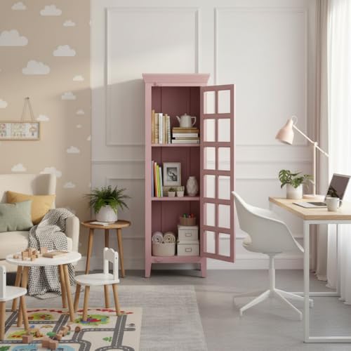 Image of APRODZ Mango Wood Crockery Cabinet with Glass Door | Wooden Kitchen Storage Cabinet for Dining Room Living Room & Bedroom | Tall Storage Cabinet with Shelves | Display Cabinet for Home, Light Pink