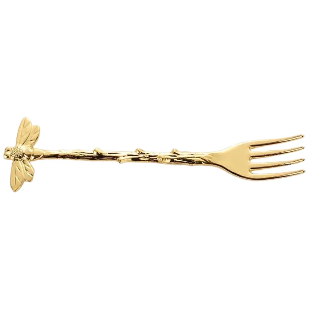 Juego de 16 cucharas de café de acero inoxidable vintage estilo bosque, cucharas de postre, cucharas de rama de libélula, cuchara de regalo, manualidades, tenedor de helado, 6 piezas, color dorado