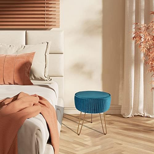 TNAVY Vanity Foot Stools,Round Velvet Upholstered Footrest Ottoman with Golden Metal Legs, Home Multifunctional Vanity Footstool for Makeup Room,Living Room and Bedroom (Pleated, Blue)