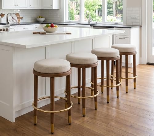 Butacos modernos rústicos sin respaldo de 26 pulgadas, juego de 4 unidades, asiento redondo acolchado y suave, taburetes de altura para barra con estructura de madera y reposapiés metálico dorado, tapizado en lino beige para isla de cocina miniatura 6