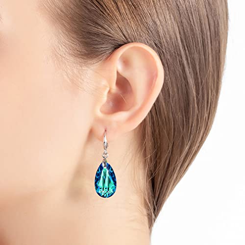 Austrian Crystal Teardrop Dangle Hook Earrings For Women 14K Gold Plated Hypoallergenic Jewelry (Bermuda Blue) #TOP5