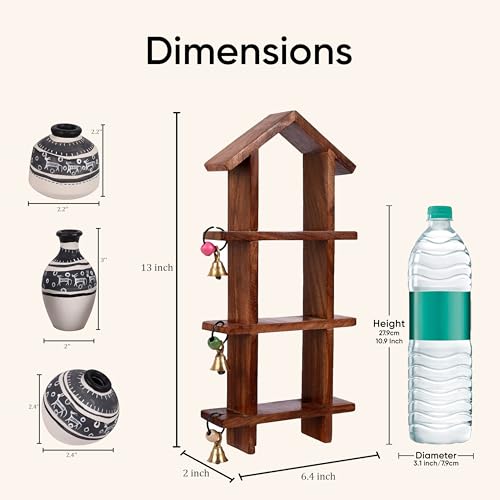 Image of AAKRITI ART CREATIONS Warli White Pots Wooden Wall Ladder Decor