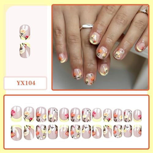 Image of Flower Press on Nails Yellow French Tip Fake Nails Short Square False Nail Press ons with Floral Plant Design Glossy Full Cover Stick on Nail for Women Manicure 24Pcs