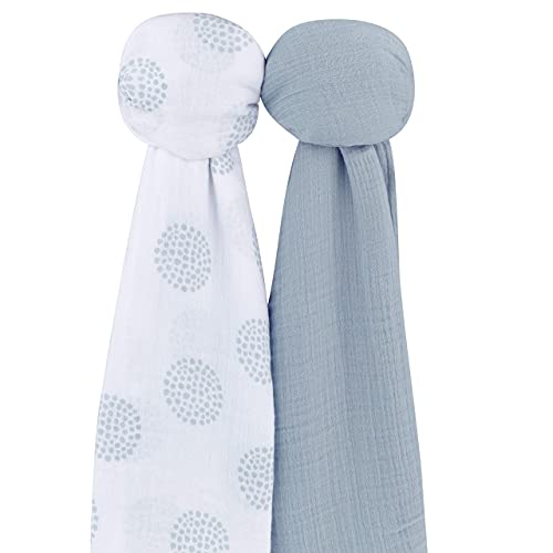 Image of Ely's & Co. Cotton Muslin Swaddle Blanket 2-Pack for Baby Boy - 100% Cotton Muslin Extra-Large Swaddle Blankets (47 inch x 47 inch) Misty Blue, Solid & Dottie Design