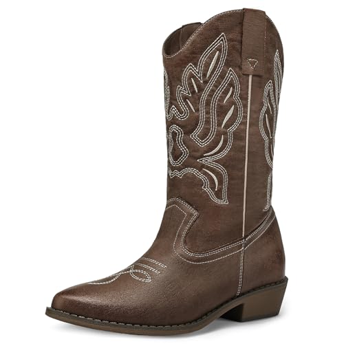 Image of mysoft Cowboy Boots For Women - Western Cowgirl Boots Mid Calf Chunky Heel Booties Pointed Toe Country Shoes
