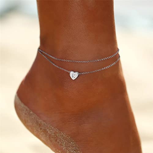 Turandoss Silver Initial Anklet Bracelet For Women, Layered Ankle Bracelet Summer Boho Beach Minimalist Initial Silver Anklet For Women Anklet With Initials A #TOP5