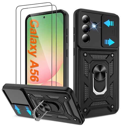 for Samsung A56 Case: A56 Phone Case with [2 Pcs] HD Screen Protector, Heavy Duty Shockproof with 360° Rotation Kickstand [Military Grade] para Protective Case for Samsung Galaxy A56 5G, Black