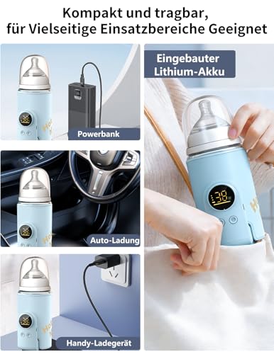 Flaschenwärmer Baby, Babyflaschenwärmer mit 8000mAh Akku, 6 Temperaturstufen 38-50℃, LED-Anzeige & Nachtlicht, Tragbarer Flaschenwärmer Baby USB-Ladefunktion für Unterwegs und Zuhause(Blau)