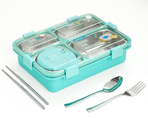 Image of Brand Conquer Lunch Box Leak-Proof BPA Free Stainless Steel for School, Lunch Box for School & Office with a Fork, a Spoon and a Pair of Chopsticks (Classic Blue, Happiness 4 Compartment)