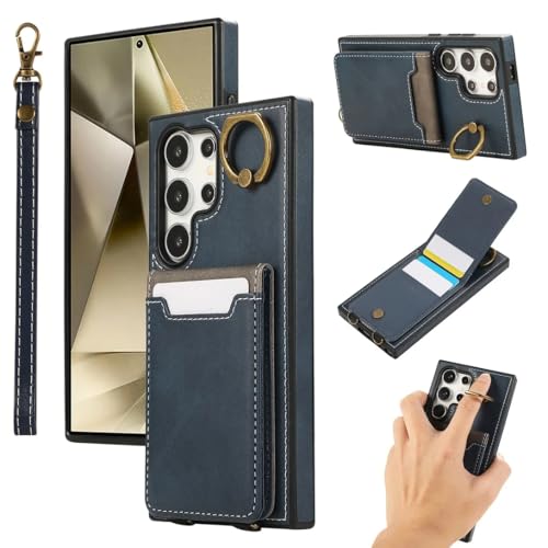 Pochette Galaxy S24 Plus bleu étui portefeuille cuir et coque avec anneau support
