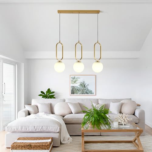 Image of 3 Light Modern Pendant Light Fixtures Mid Century Chandelier White Globe Glass Pendant Lights Vintage Brass Hanging Lamp for Kitchen Island Bedroom Dining Room