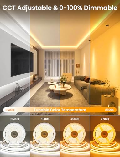 Image of COB LED Strip Light 16.4ft, Dimmable 2300K-6500K White CCT Tunable, DC 24V Cuttable LED Tape Light, High Density 3040 LED 36W CRI 90, APP Remote Control, Music Mode, For Home DIY, Living Room, Bedroom