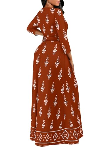 Image of Women Plus Size Long Sleeve V Neck Maxi Dress with Belt | Soft fabric relaxed fit three quarter sleeve v neck with pockets for party and daily wear