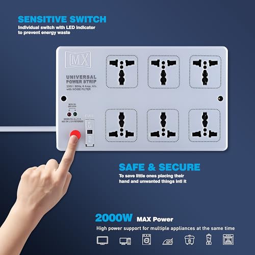 Image of Mx Power Strip with 6 Universal Sockets 10m Extension Cord International Sockets Master Switch Multi-Plug Socket Extension Board for Home & Office -5 Amp