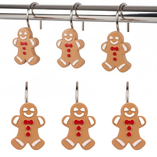 ZCHOMI 12PCS Christmas Gingerbread Shower Curtain Hooks Cute Xmas Cookie Man Winter Holiday Decorative Bath Curtain Hooks Metal Rustproof Shower Curtain Rings for Xmas Bathroom Dcor