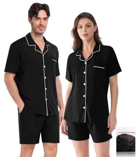 Matching Pajamas Set for Couples Women Men Short Sleeve Sleepwear Button Down 2 Pcs Pjs Sets Loungewear,Black-L