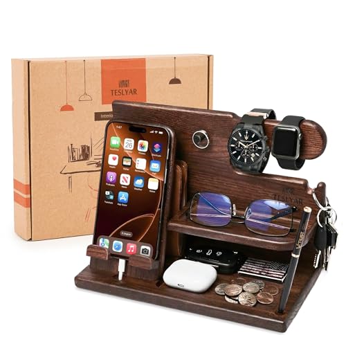 TESLYAR Cadeau Homme – Organisateur de Bureau en Bois avec Support Téléphone et Montre, Station d’Accueil, Docking Station, Support Montre, Idée Cadeau...
