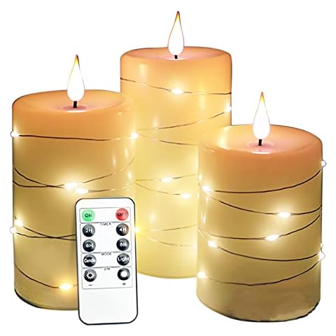 ROOGELD Flameless Candles , 3PCS LED Candles , Battery Candles with Embedded String Lights Remote-Controlled for Weddings Christmas and Halloween Cover