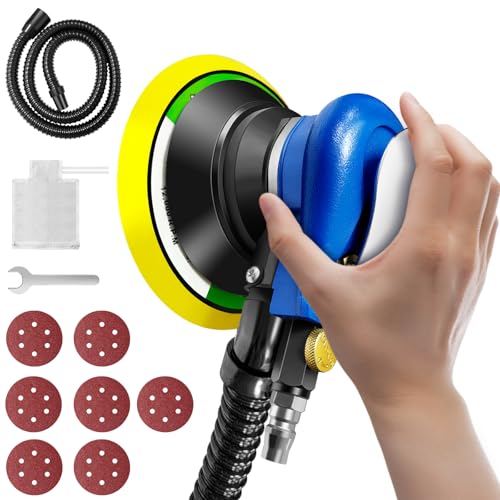 6-Inch Air Random Orbital Sander 150mm Dual Action Pneumatic Palm Sander with Dust Collection Hose & Bag and 7Pcs Sand Paper, Air Orbit Polisher, Airs Sanders Tool for Sanding Wood Metal, Auto Repair