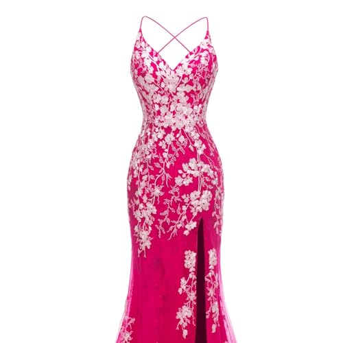 Image of Long Spaghetti Straps Tulle Mermiad Prom Dress V Neck Lace Appliques Formal Dress with Slit SF203
